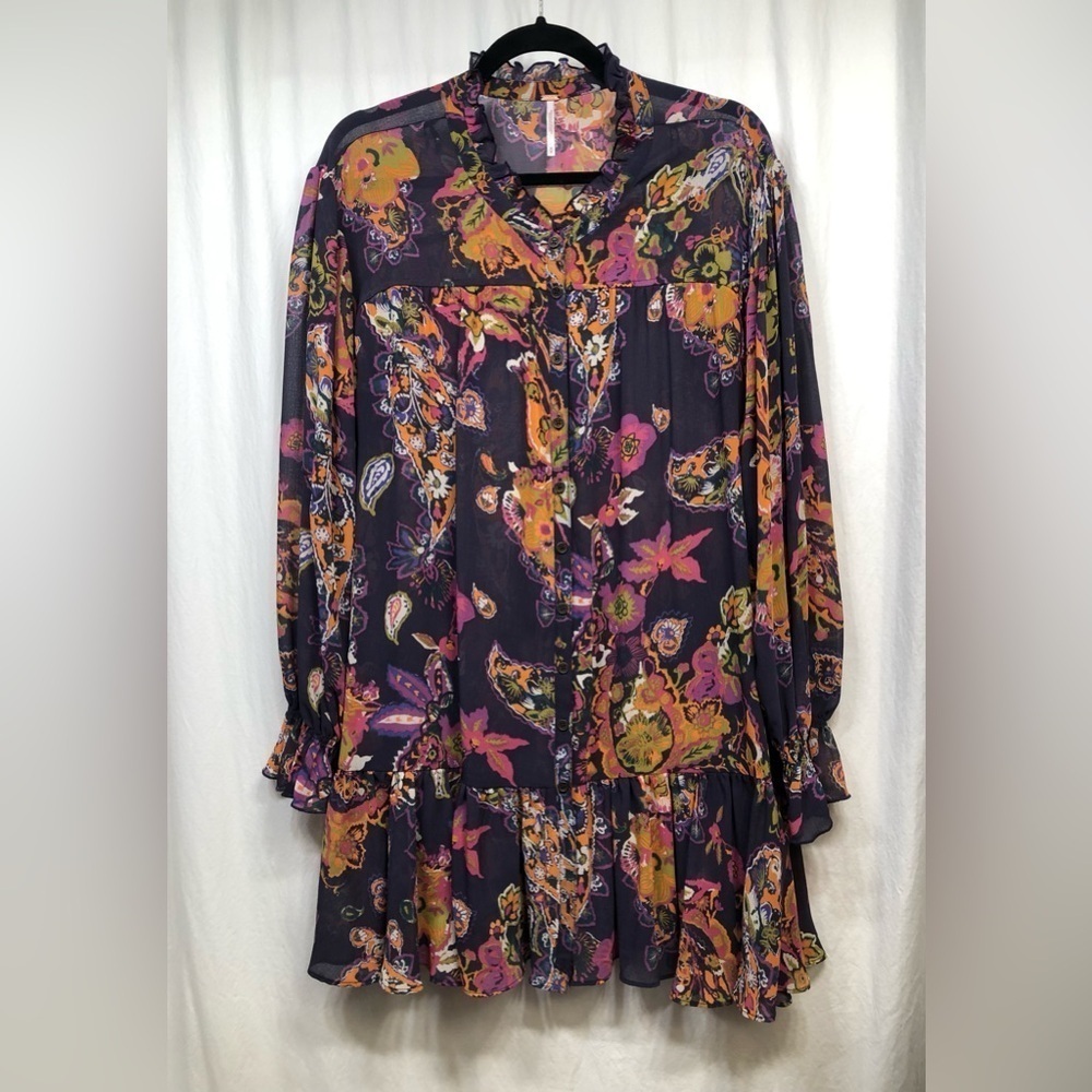 $228 Free People Ibiza Nights Purple Pink Floral Mini Dress Button Up Medium